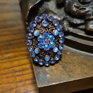 Blue And Purple Floral Rhinestone Statement Ring Adjustable Copper Band